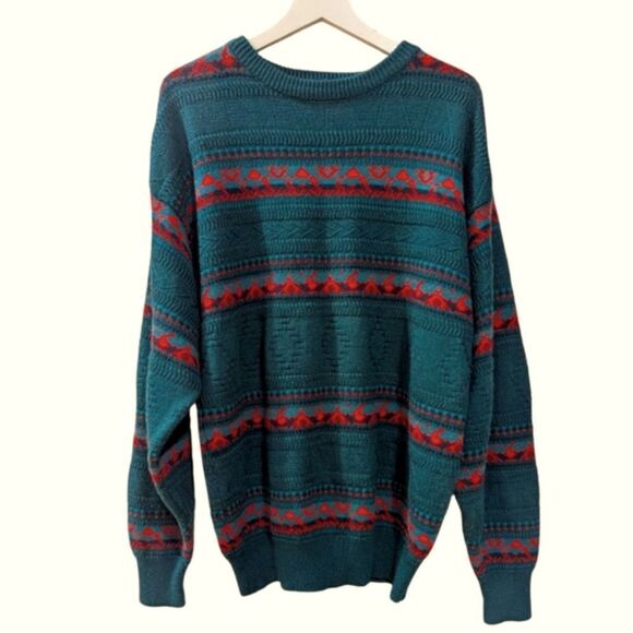 VTG 80s-90s Obermeyer Ski Alpine Fair Isle Men's L Teal & Red Patterned Sweater - Picture 1 of 4